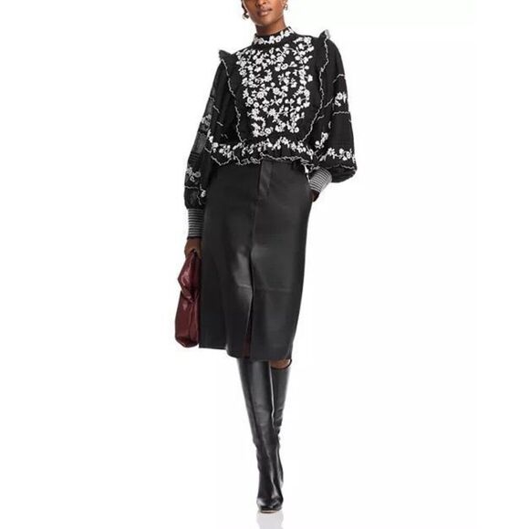 Farm Rio Women's Black White Embroidered Ruffle Long Sleeve Blouse Small NWOT - Picture 3 of 15